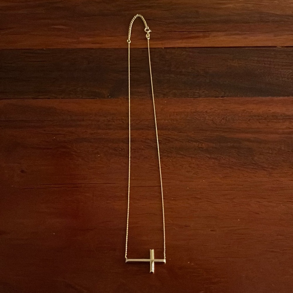 14K Yellow Gold Sideways Cross Necklace. Sabel Collection.